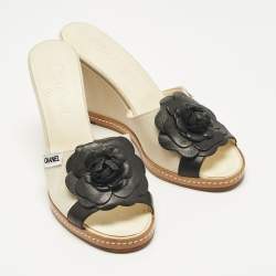 Pre Owned Chanel Cream/Black Canvas and Leather Camelia Wedge Sandals Size 40.5