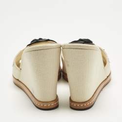 Pre Owned Chanel Cream/Black Canvas and Leather Camelia Wedge Sandals Size 40.5