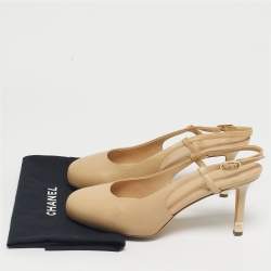 Pre Owned Chanel Beige Leather CC Cap Toe Slingback Platform Pumps Size 38