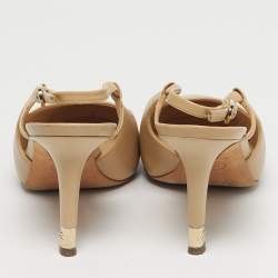 Pre Owned Chanel Beige Leather CC Cap Toe Slingback Platform Pumps Size 38