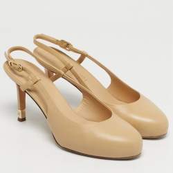 Pre Owned Chanel Beige Leather CC Cap Toe Slingback Platform Pumps Size 38