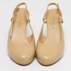Pre Owned Chanel Beige Leather CC Cap Toe Slingback Platform Pumps Size 38