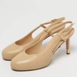 Pre Owned Chanel Beige Leather CC Cap Toe Slingback Platform Pumps Size 38