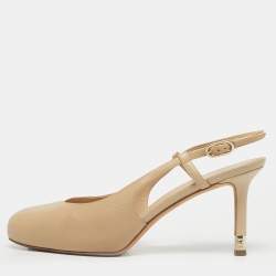 Pre Owned Chanel Beige Leather CC Cap Toe Slingback Platform Pumps Size 38