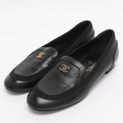 Pre Owned Chanel Black Leather CC Loafers Size 38