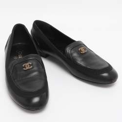 Pre Owned Chanel Black Leather CC Loafers Size 38