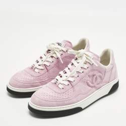 مملوكة مسبقًا حذاء رياضي شانيل سي سي قماش تريكو وردي فاتح رباط بعنق منخفض مقاس 36