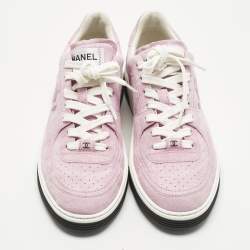 مملوكة مسبقًا حذاء رياضي شانيل سي سي قماش تريكو وردي فاتح رباط بعنق منخفض مقاس 36