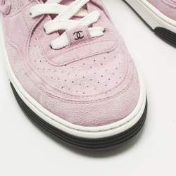 مملوكة مسبقًا حذاء رياضي شانيل سي سي قماش تريكو وردي فاتح رباط بعنق منخفض مقاس 36