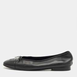 Pre Owned Chanel Black Leather CC Cap Toe Ballet Flats Size 39