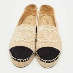 Pre Owned Chanel Beige Suede CC Pearl Logo Espadrille Flats Size 37