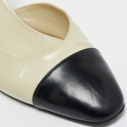 Pre Owned Chanel Cream/Black Leather CC Block Heel Pumps Size 38.5
