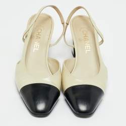 Pre Owned Chanel Cream/Black Leather CC Block Heel Pumps Size 38.5