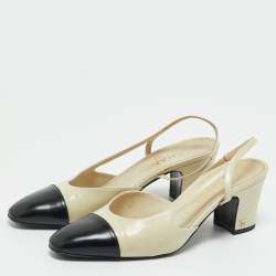 Pre Owned Chanel Cream/Black Leather CC Block Heel Pumps Size 38.5