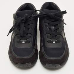 Pre Owned Chanel Black Neoprene and Suede CC Low Top Sneakers Size 37