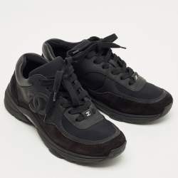 Pre Owned Chanel Black Neoprene and Suede CC Low Top Sneakers Size 37