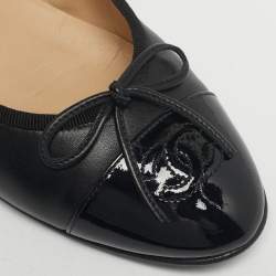 Pre Owned Chanel Black Leather CC Cap Toe Ballet Flats Size 36
