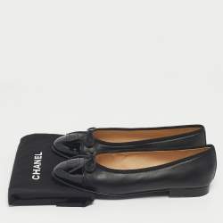 Pre Owned Chanel Black Leather CC Cap Toe Ballet Flats Size 36