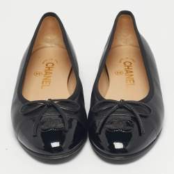 Pre Owned Chanel Black Leather CC Cap Toe Ballet Flats Size 36