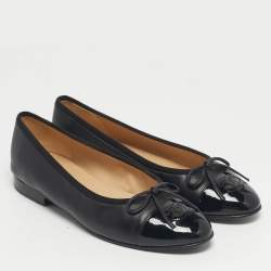 Pre Owned Chanel Black Leather CC Cap Toe Ballet Flats Size 36
