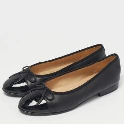 Pre Owned Chanel Black Leather CC Cap Toe Ballet Flats Size 36