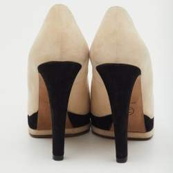 Pre Owned Chanel Beige/Black Suede CC Cap Toe Platform Pumps Size 37.5