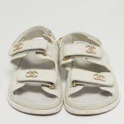 Pre Owned Chanel Grey Leather CC Dad Slingback Sandals Size 38