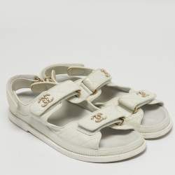 Pre Owned Chanel Grey Leather CC Dad Slingback Sandals Size 38