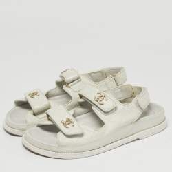 Pre Owned Chanel Grey Leather CC Dad Slingback Sandals Size 38
