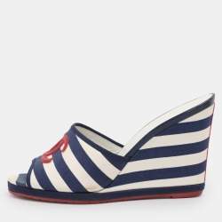 Pre Owned Chanel Blue/White Stripe Fabric CC Slide Wedge Sandals Size 39.5