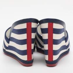 Pre Owned Chanel Blue/White Stripe Fabric CC Slide Wedge Sandals Size 39.5