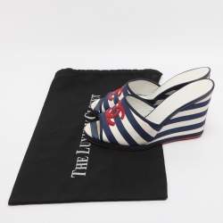 Pre Owned Chanel Blue/White Stripe Fabric CC Slide Wedge Sandals Size 39.5