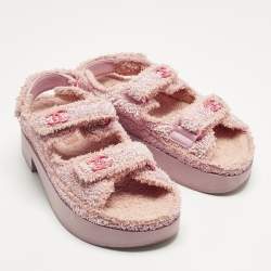 Pre Owned Chanel Pink Fabric and Straw Dad Slingback Sandals Size 38