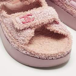 Pre Owned Chanel Pink Fabric and Straw Dad Slingback Sandals Size 38