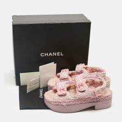 Pre Owned Chanel Pink Fabric and Straw Dad Slingback Sandals Size 38
