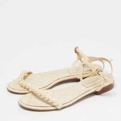 Pre Owned Chanel Cream Leather Pearl Embellish Ankle Strap Flat Sandals Size 37