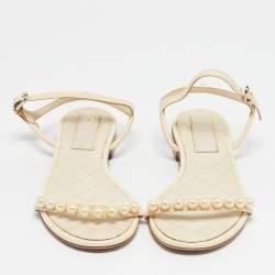 Pre Owned Chanel Cream Leather Pearl Embellish Ankle Strap Flat Sandals Size 37