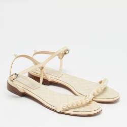 Pre Owned Chanel Cream Leather Pearl Embellish Ankle Strap Flat Sandals Size 37