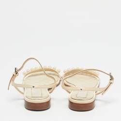 Pre Owned Chanel Cream Leather Pearl Embellish Ankle Strap Flat Sandals Size 37