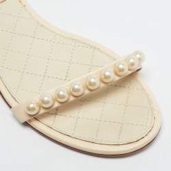Pre Owned Chanel Cream Leather Pearl Embellish Ankle Strap Flat Sandals Size 37