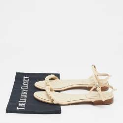 Pre Owned Chanel Cream Leather Pearl Embellish Ankle Strap Flat Sandals Size 37