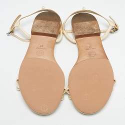 Pre Owned Chanel Cream Leather Pearl Embellish Ankle Strap Flat Sandals Size 37