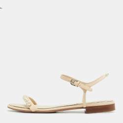 Pre Owned Chanel Cream Leather Pearl Embellish Ankle Strap Flat Sandals Size 37