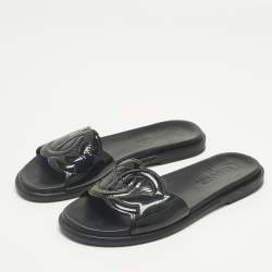 Pre Owned Chanel Black Patent CC  Flat Slides Size 39