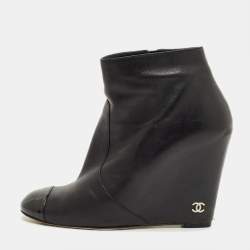 Pre Owned Chanel Black Leather CC Cap Toe Wedge Boots Size 39