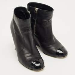 Pre Owned Chanel Black Leather CC Cap Toe Wedge Boots Size 39