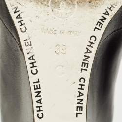 Pre Owned Chanel Black Leather CC Cap Toe Wedge Boots Size 39
