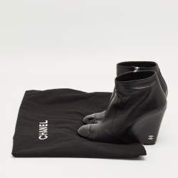 Pre Owned Chanel Black Leather CC Cap Toe Wedge Boots Size 39