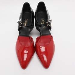 Pre Owned Chanel Red/Black Patent Leather Mary Jane Wedge Pumps Size 38