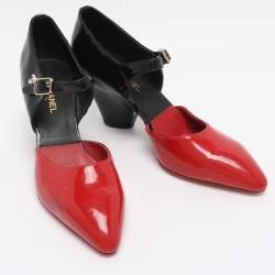 Pre Owned Chanel Red/Black Patent Leather Mary Jane Wedge Pumps Size 38